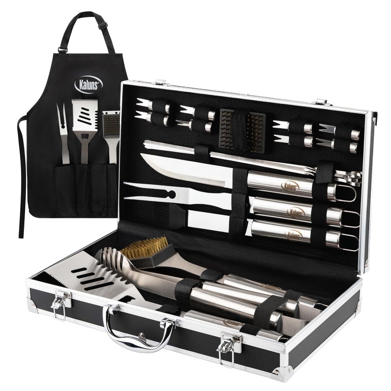 Kaluns BBQ Accessories Grill Tools, Mens Valentines Day Gifts for Him, Heavy Duty Stainless Steel Barbecue Grill Accessories for Outdoor Grill with Aluminum Case and Apron, Grilling Gifts for Men Dad - Image 1